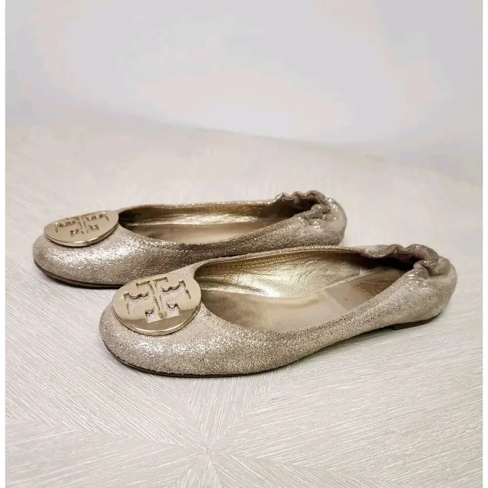 TORY BURCH 'Minnie' Travel Ballet Flat Royal Mettalic Gold Glitter Logo Sz 6M